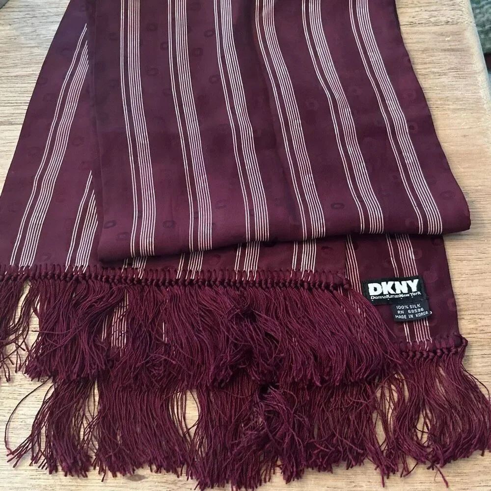Vintage DKNY maroon cranberry striped 100% silk scarf with tassels